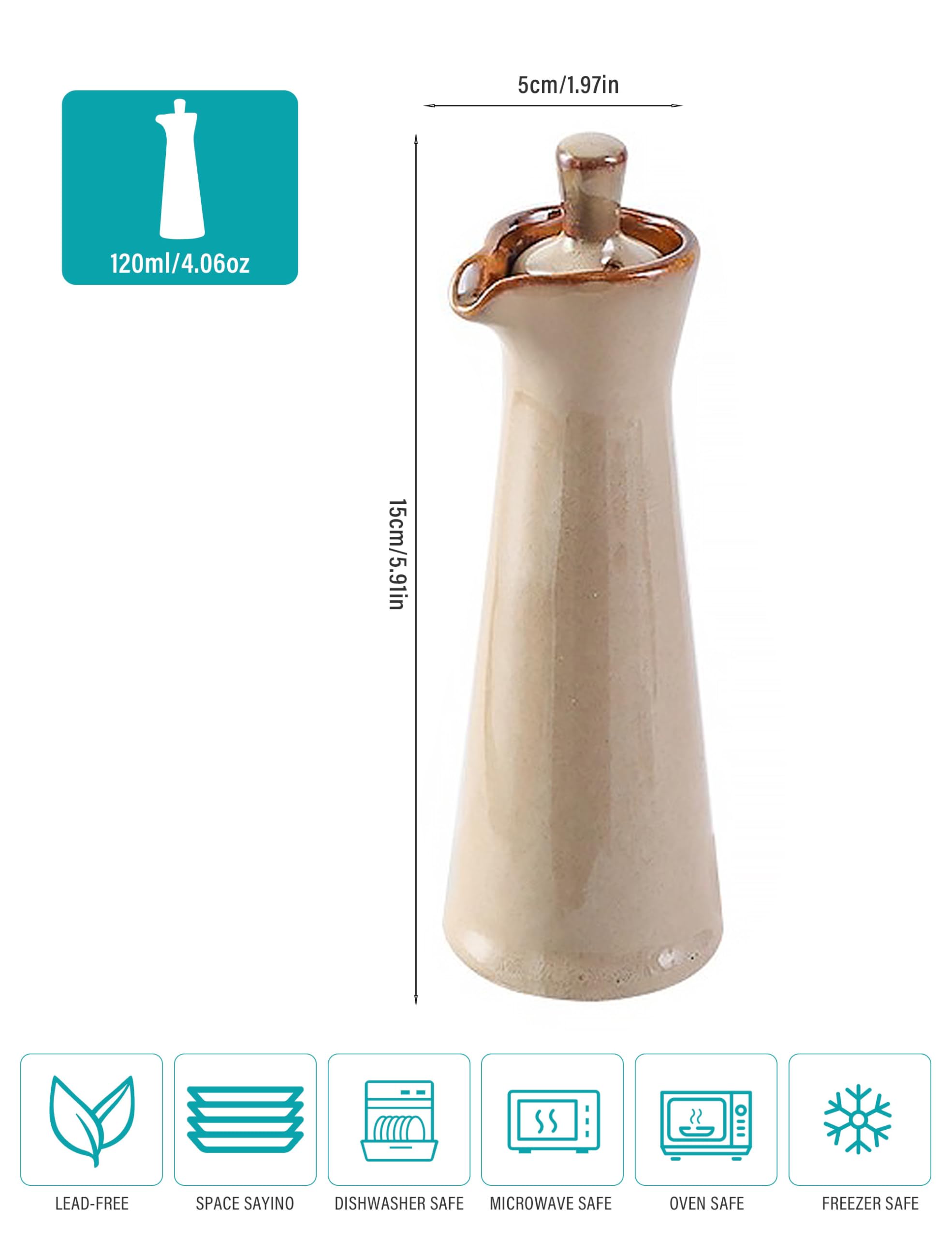 Dispenser per olio in ceramica, 120 ml, smaltato blu, contenitore per salsa da cucina con beccuccio, lavabile in lavastoviglie (beige)