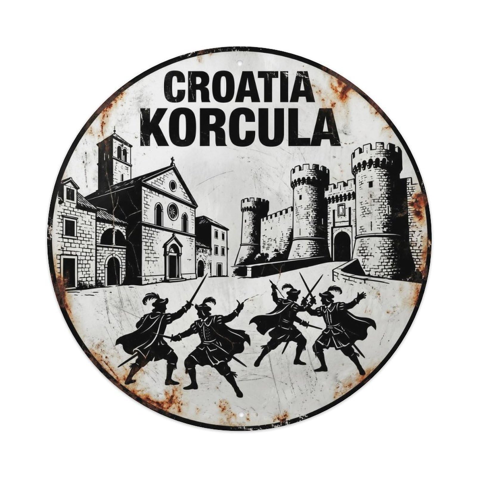 Korcula Medieval Croatian Black White Historic Landmark Metal Tin Sign Plaque Wall Decor for Cafe, Man Cave, Club Bar, Office, Home Garden Round Metal Poster 8x8Inch