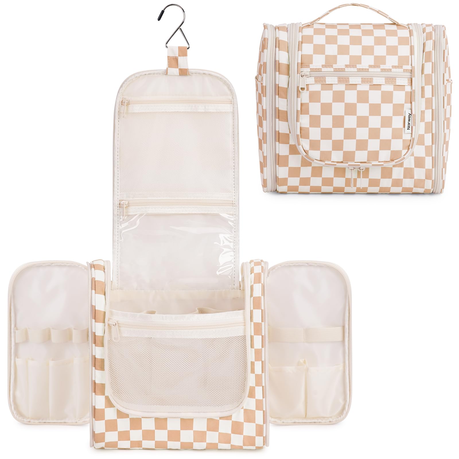 Narwey Checked Hanging Travel Toiletry Bag for Women, Travel Bag for Toiletries, Makeup Bag Organizer Cosmetic Bags Make Up Bags for Women (Light
