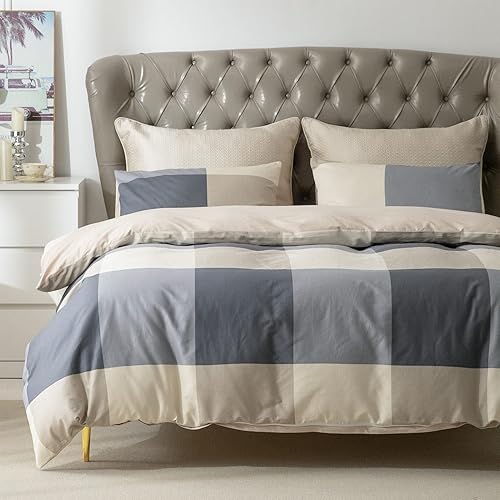 Miniatura 2 de Juego de funda de edredón a cuadros para cama individual, 100% algodón, diseño a cuadros gris, caqui, juego de ropa de cama para niños, suave de