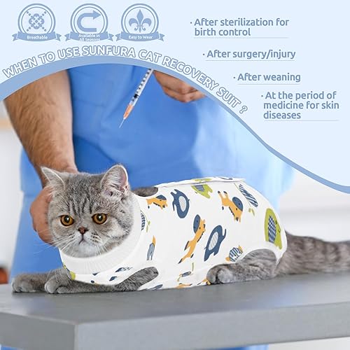 Miniatura 6 de SUNFURA Traje de recuperación para gatos, body quirúrgico completo para protector de heridas abdominales, antilamidas después de la cirugía,