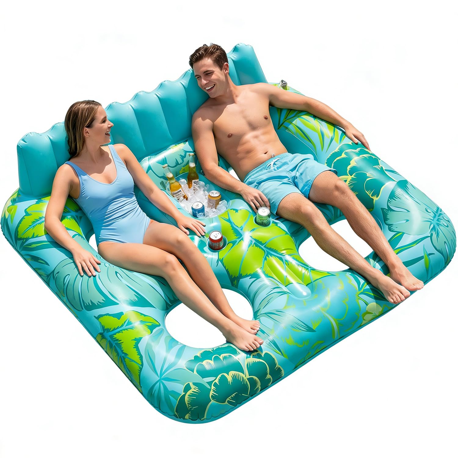 SOLAVERO Materassino Gonfiabile Piscina, 180 × 156 cm Lettino Gonfiabile Piscina 2 Posti con Portabevande e Poggiatesta, Materassino Abbronzante per Spiaggia e Acqua Festa