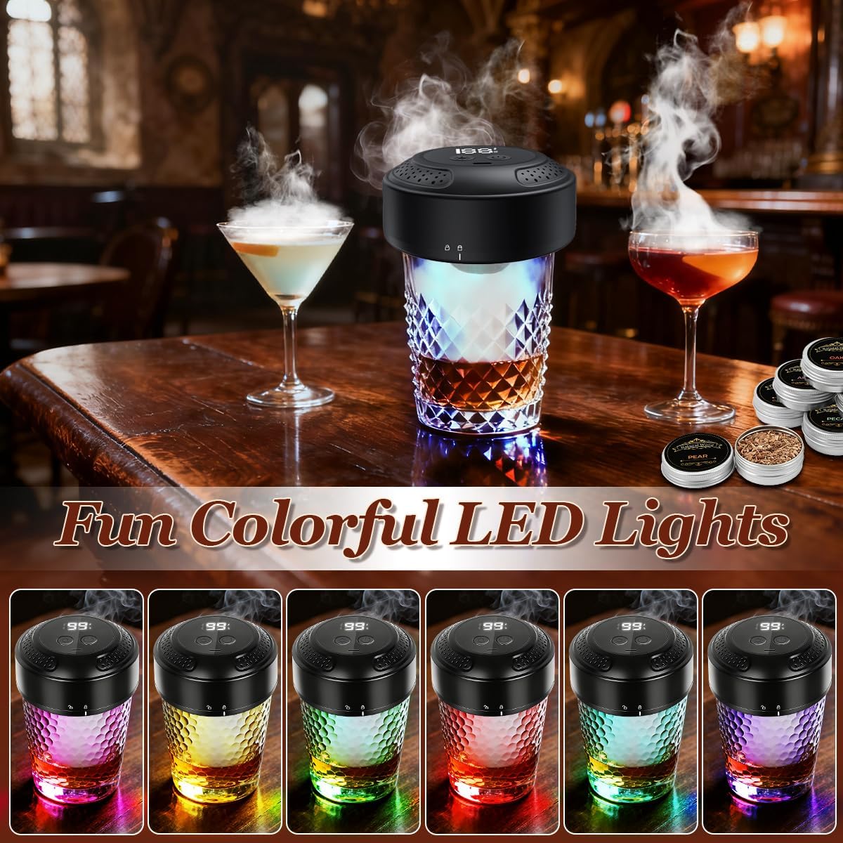 Joyzan Electric Whiskey Smoker Kit, Cocktail Bourbon Smoker LED Lights Old Fashioned Built in Lighter No Butane Needed Rechargeable Drink Infuser 6 Wood Chips Christmas Gifts Men Dad Husband Father