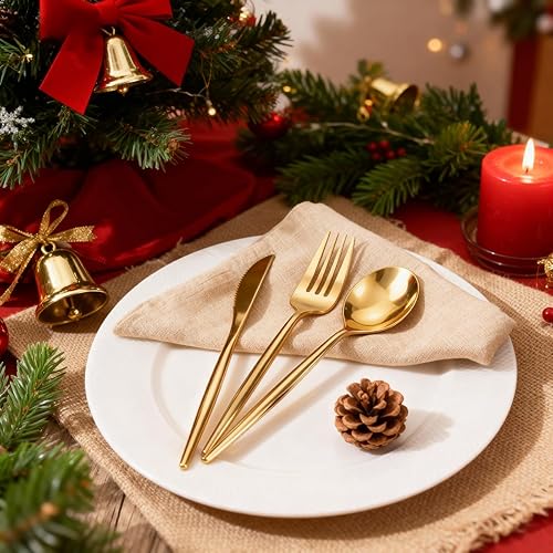 Miniatura 3 de Rubtlamp 90Pcs Christmas Gold Plastic Silverware, Gold Disposable Christmas Utensils, Plastic Cutlery Include 30 Plastic Knives, 60 Forks and