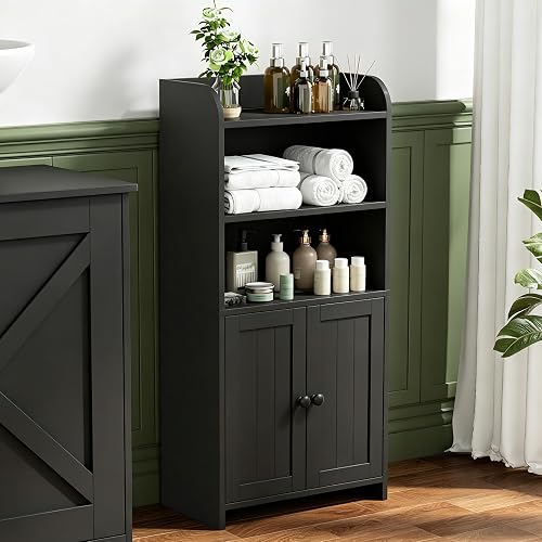 Small Bathroom Storage Cabinet, Freestanding Bathroom Cabinet and Organizer with Shelves, Small Cabinet with Doors for Bathroom, Laundry Room, 7.9" D x 14.6" W x 31" H, Black