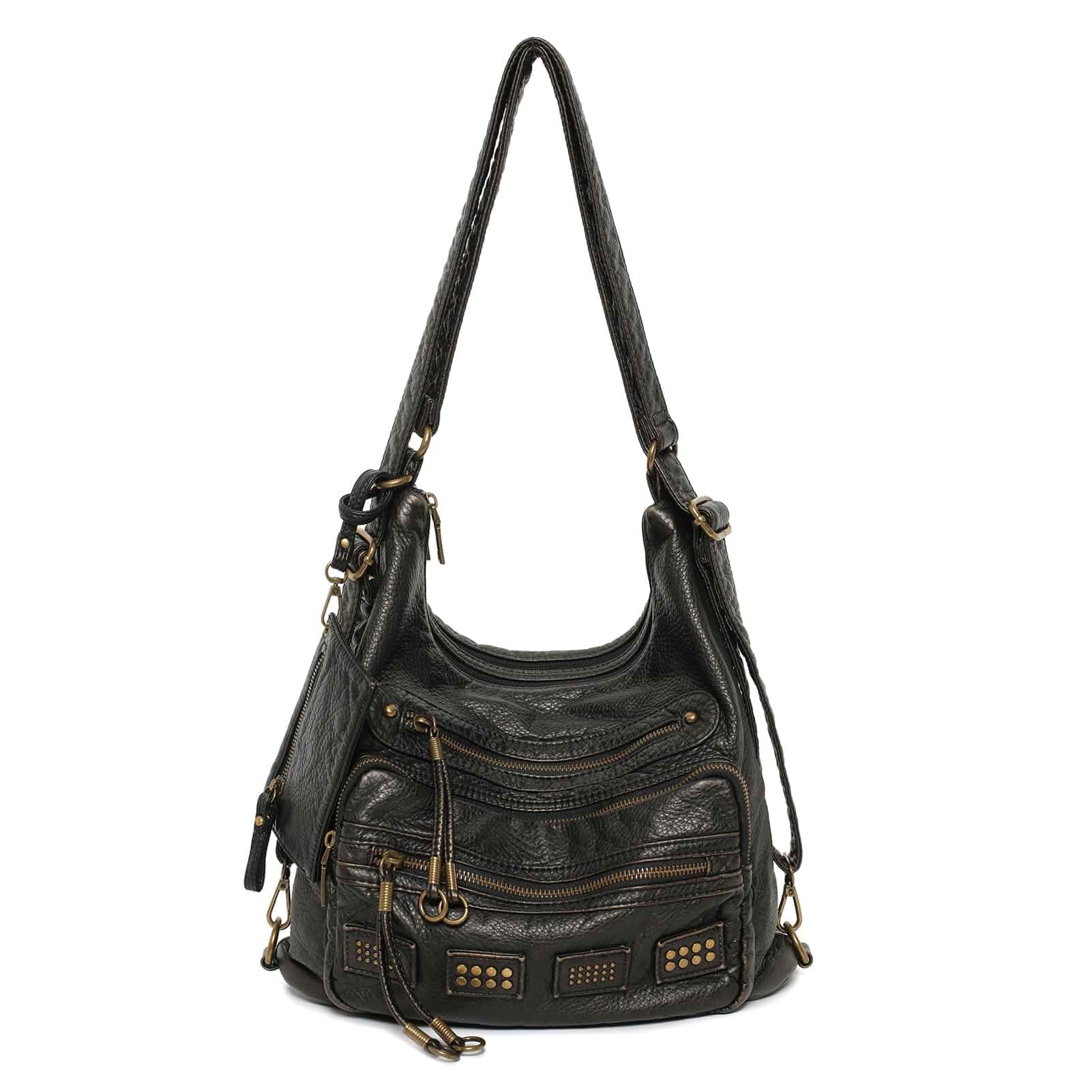 Y2K Vintage Hobo Bag for Women, Vegan Leather Shoulder Purse, Vintage Black Distressed look, fits 12-inch laptop, multi-pocket, adjustable strap, coin pouch, for work, travel, dating
