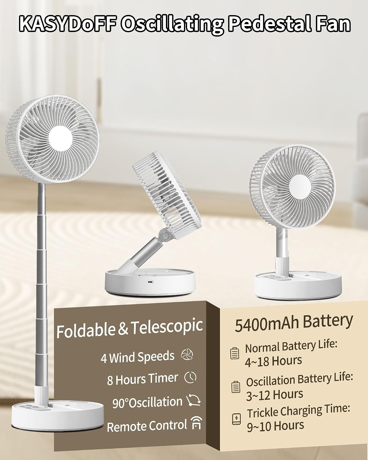Portable Fan, 5400mAh-78CM Oscillation Pedestal Standing Fan with Remote Control… thumbnail 2