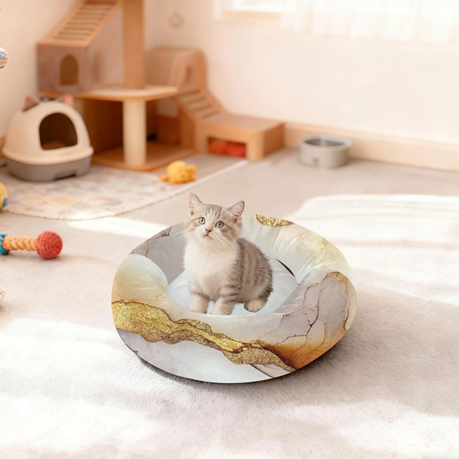 Marble White Brown Pet Dog Beds Warm & Soft Cat Pillow Bed for Small Size Pets Supplies M