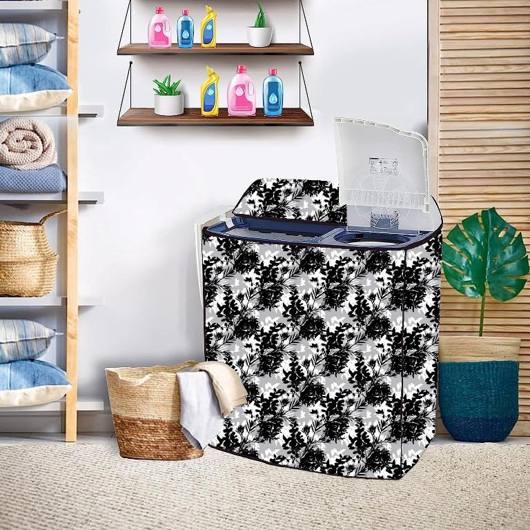 Image of PVC Printed Semi Automatic Washing Machine Cover Compatible For Samsung, Lg, Whirlpool 6Kg, 6.2Kg, 6.5Kg, 7Kg, 7.2Kg, 7.5Kg, 8kg, 8.5kg | Waterproof & Dustproof Cover, Black.