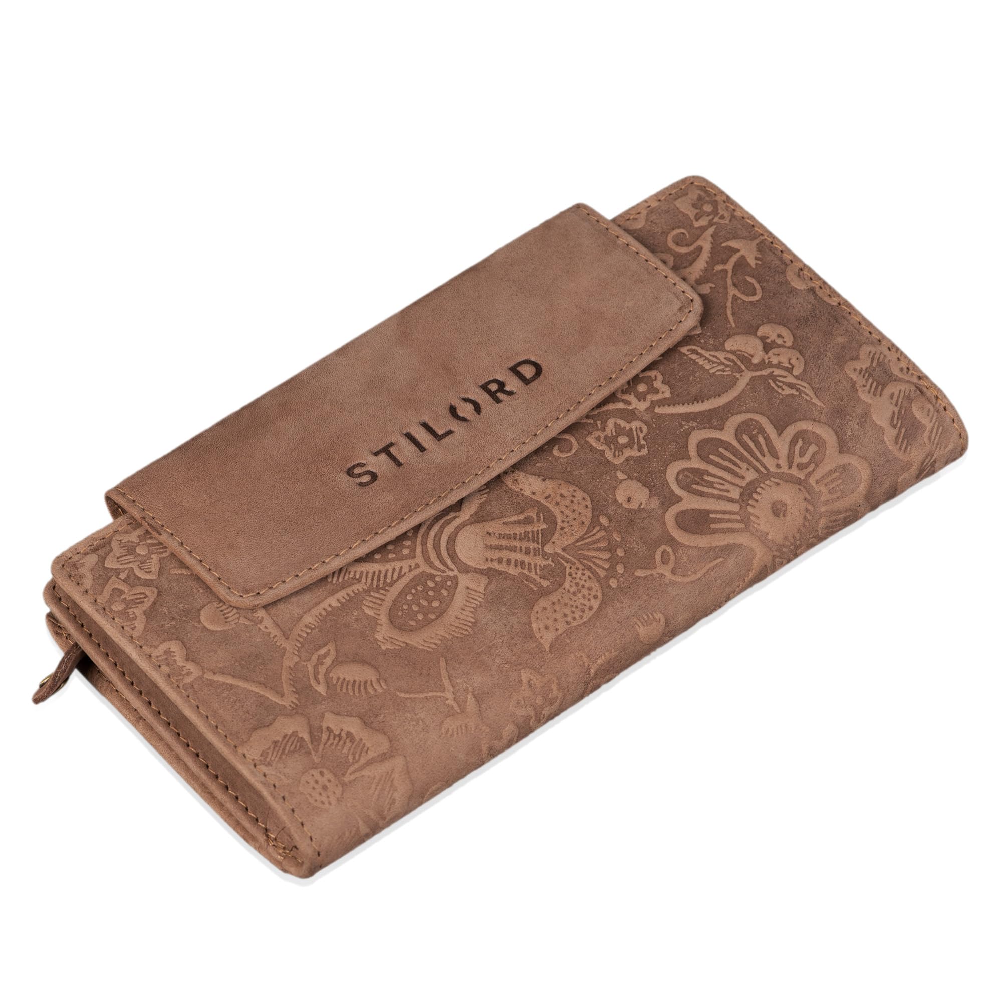STILORD “Lorelai” Portafoglio Donna Pelle Grande con Portamonete Portafogli Cerniera Borsello Vintage Orizzontale Colore:natura - marrone