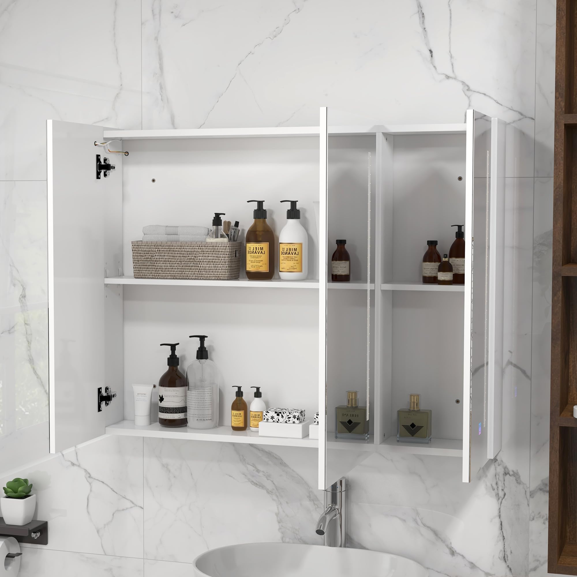 kleankin Armario con Espejo de Baño LED 90x15x70 cm Blanco Brillante | Mueble de Pared Colgante, 3 Puertas, Estantes Ajustables, Interruptor Táctil y USB
