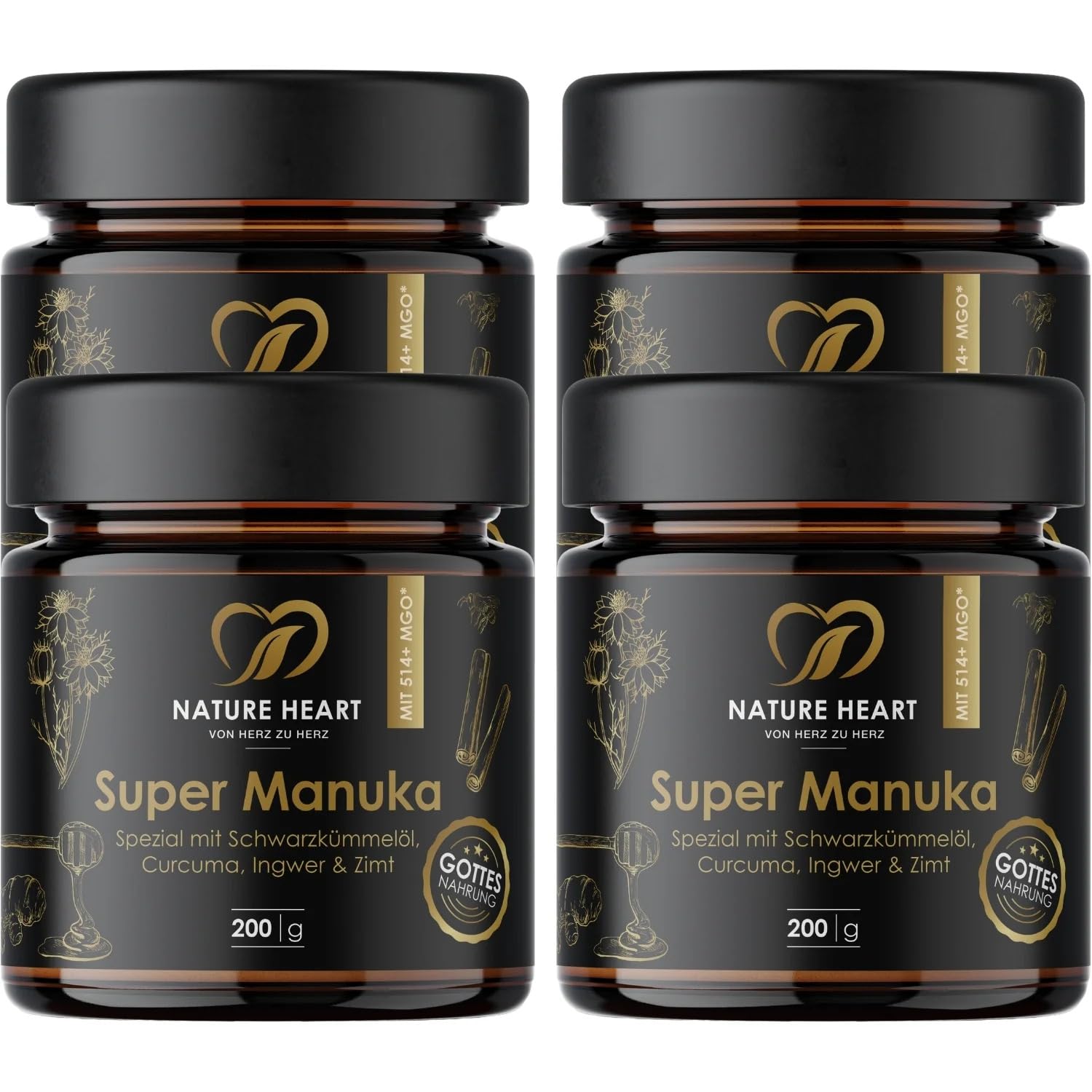 Nature Heart 4x Super Manuka Honig MGO 514+ mit Schwarzkümmelöl | Ceylon Zimt, Ingwer-, Kurkuma- & Pfefferextrakt | 100% Neuseeland | Unabhängig geprüft