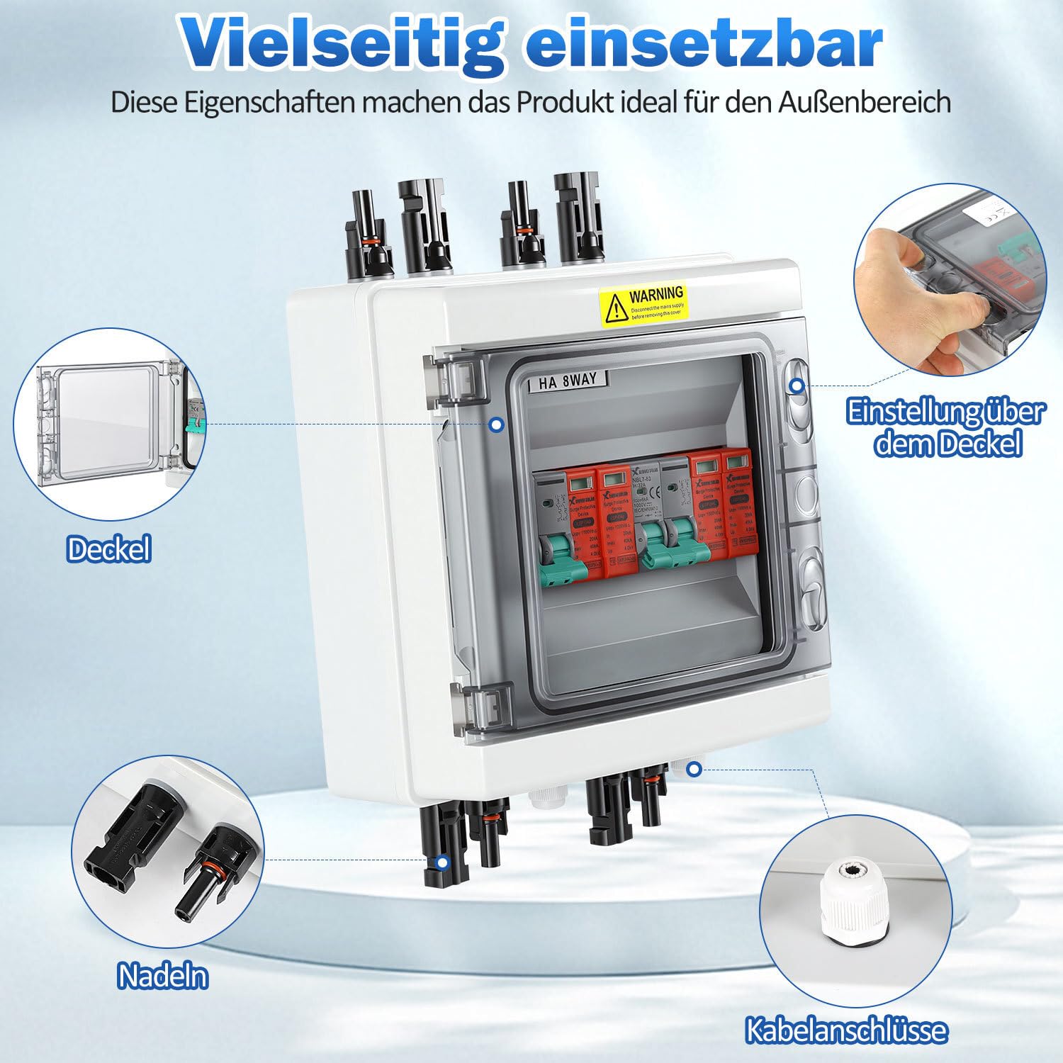 Photovoltaik Überspannungsschutz pv 2-String Kombigerät, 1000V 32A DC, IP65 wasserdicht, mit DC-Leitungsschutzschalter und Blitzschutz für PV-Anlage