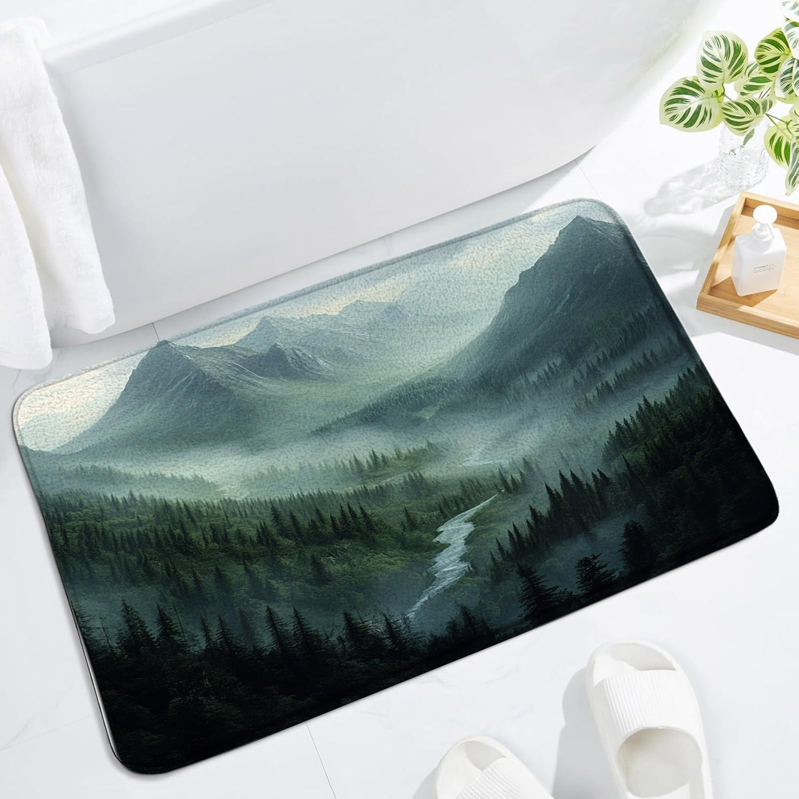 Misty Forest Bath Mat Nature Dark Green Pine Tree Fog Mountain Landscape Modern Bathroom Rug Floor Carpet
