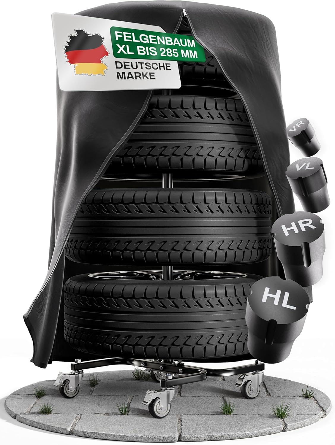 Felgenbaum XL mit Schutzhülle | Fahrbarer Reifenständer für 4 Autoreifen bis 285 mm