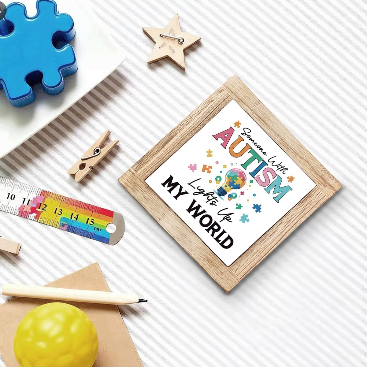 Wood Sign Someone With Autism Lights Up My World Signs Handmade Solid Wooden Plaque Autism Awareness Signs ASD Acceptance Decor Rustic Wood Sign For Home Desk Or Wall ASD Support Gift 5.9x5.9 Inch - Image 4