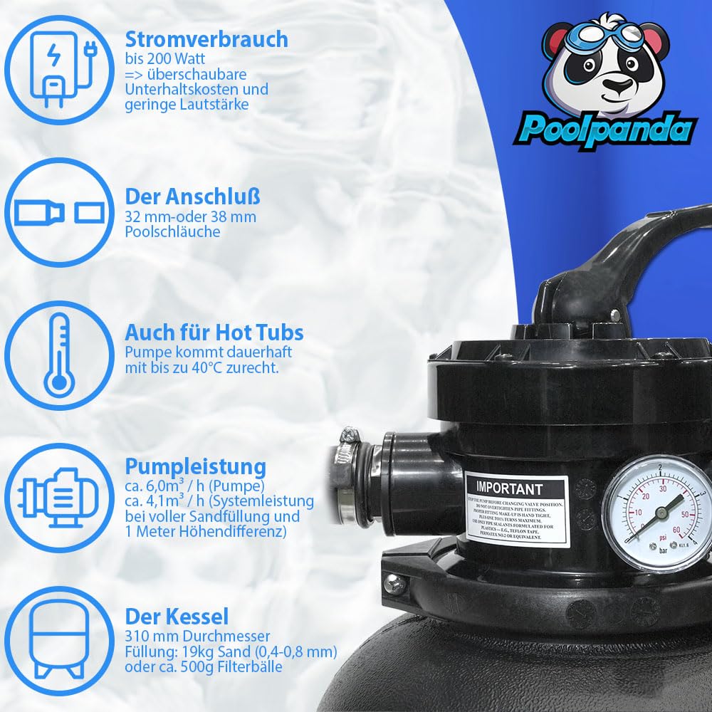 Poolpanda Sandfilteranlage DS 6500 Pro | 6.000 l/h Pumpleistung | 4.100 l/h Systemleistung | großer 310 mm Kessel | schwarz | für Pools bis 20.000 Liter | Pool Sandfilter 32+38 mm