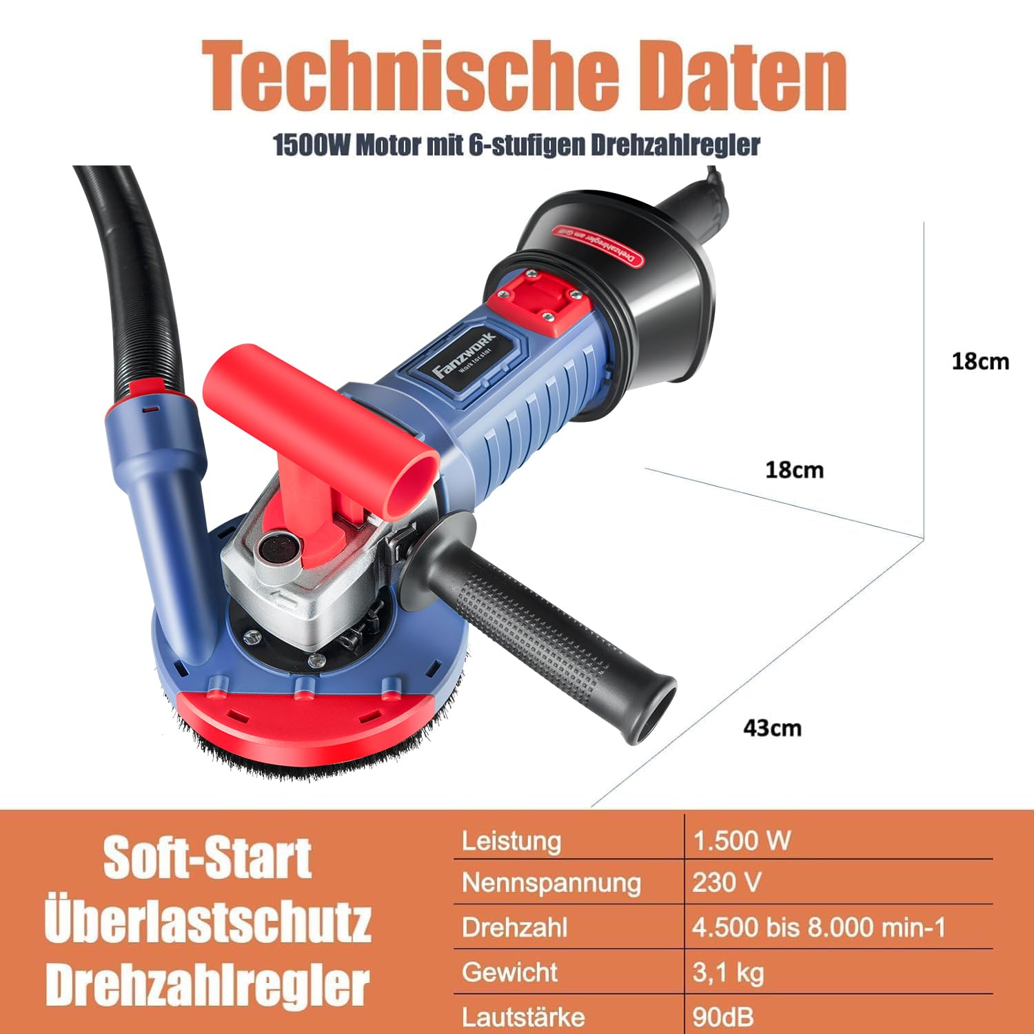 FANZWORK 1500W Betonschleifer Betonfräse Set, Drehzahlregelbar, inkl. Premium 125mm Diamantschleiftopf, Absaughaube, T-Förmiger Griff (Mit 2x125mm Schleiftöpfe)