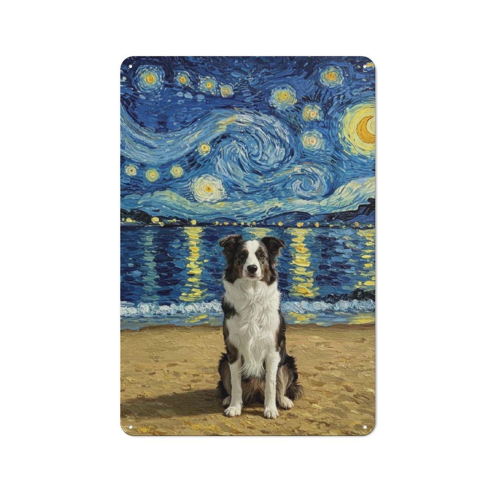 Junmoney Border Collie Dog On Beach With Starry Night Metal Wall Sign 30X20cm, Retro Decor For Home Bar Wall, For Metal Sign Collectors, For Garage And Workshop Walls