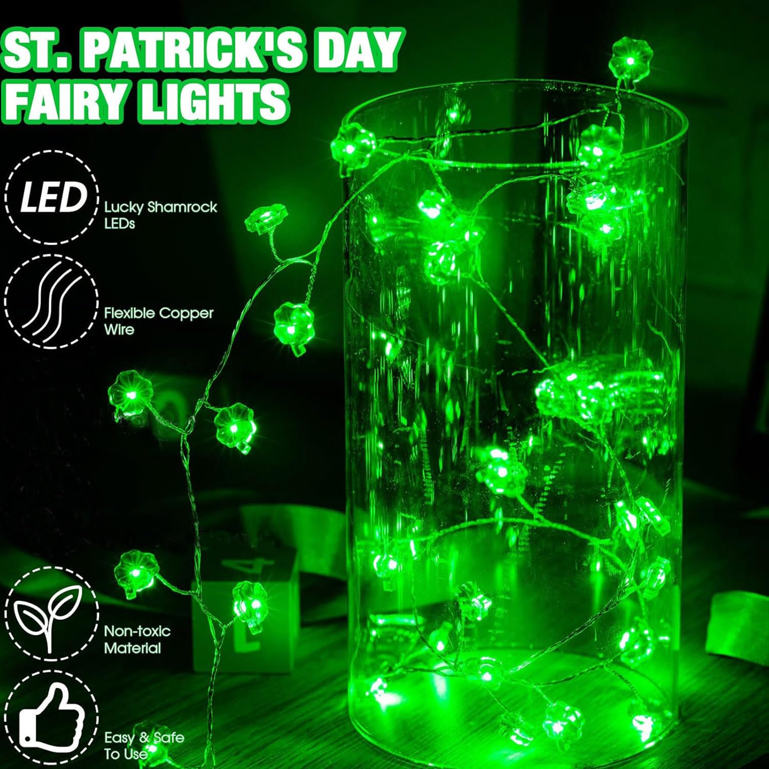 SOPSTUO St Patricks Day Decorations, St. Patrick's Day Lights, 10 Feet 30 LEDs Shamrock Lights - Image 2