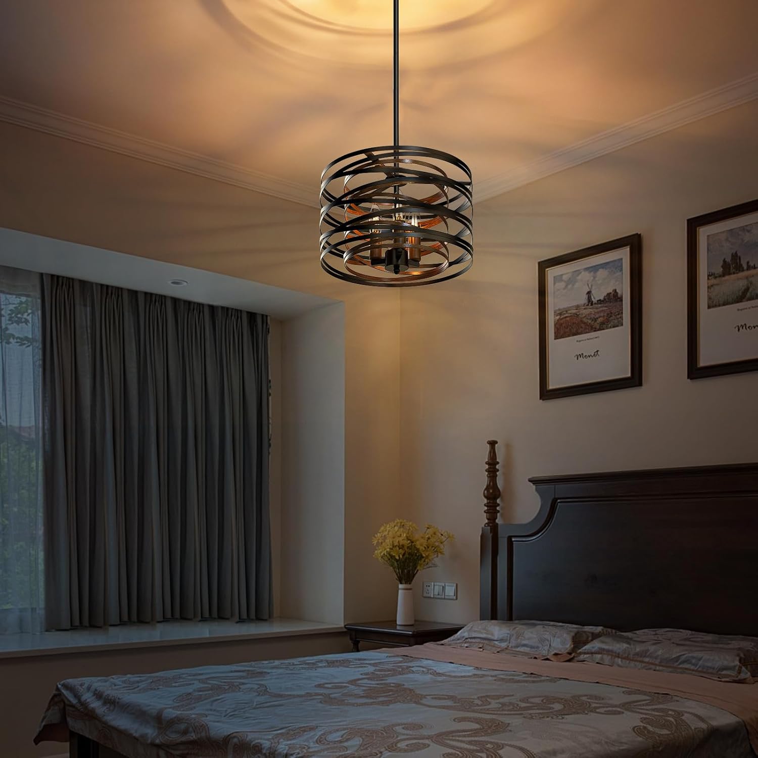 12.6'' Farmhouse Chandeliers for Dining Room, 3-Light Industrial Black Hanging Light Fixture, Rustic Pendant Light for Entryway, Foyer Bedroom, Kitchen Island Lighting, Retro Wood Textures Interior