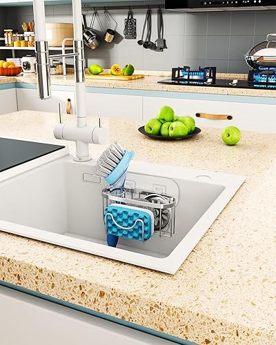 Miniatura 6 de HapiRm Soporte de esponja para fregadero de cocina con forma de M única, dos métodos de instalación, soporte de esponja con soporte para cepillo,