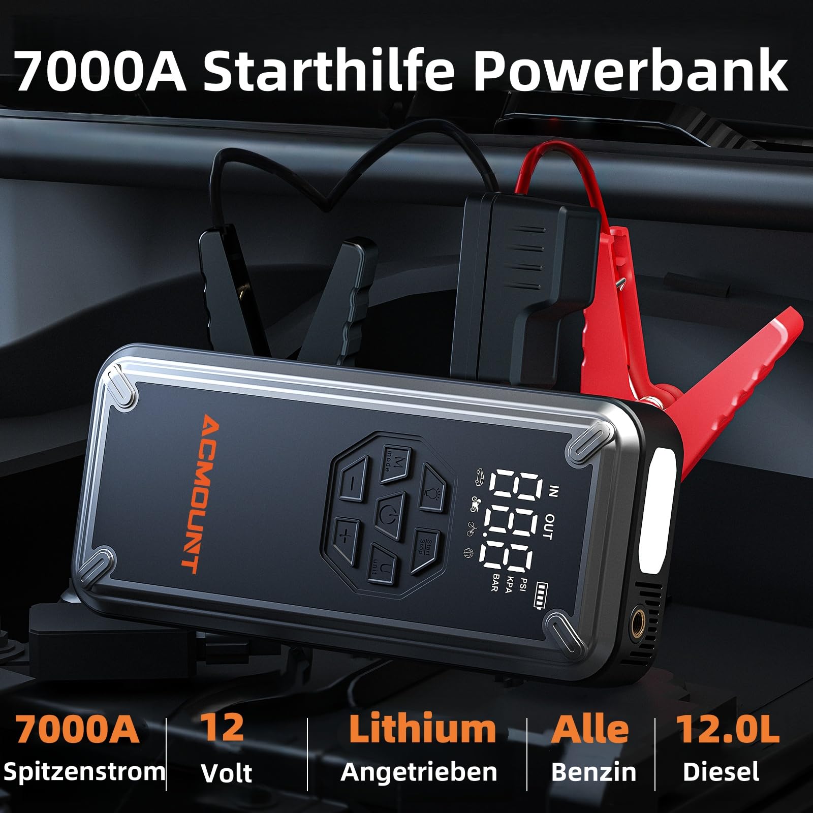 Auto Starthilfe Powerbank für Pkw, 21800mAh 7000A Starthilfe für Alle Benzin und 12,0L Diesel, Starter Powerbank mit 150PSI Kompressor, Eingang/Ausgang und 800LUM LED-Licht
