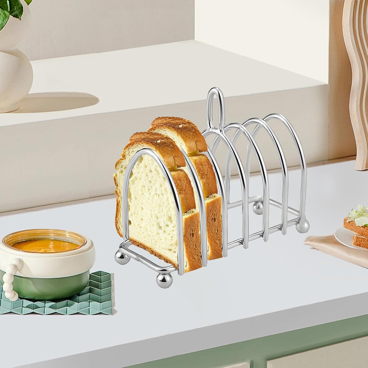 Toast Rack Holder, 6 Slice Stainless Steel Bread Holder with Ergonomic Loop Handle and Ball Feet, Vintage Breakfast Carry Stand for Kitchen, Breakfast, Bakery Buffet Restaurant Serving