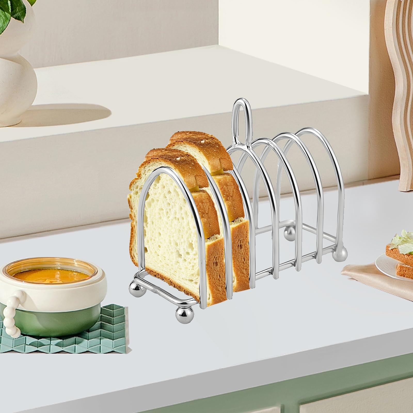 Porta Toast in Acciaio Inox, Porta Toast a 6 Fette con Piedini a Sfera e Manico Ad Anello, Porta Pane Tostato per Colazione a Buffet Pranzo Cena, 15,7 x 7,1 x 10 cm
