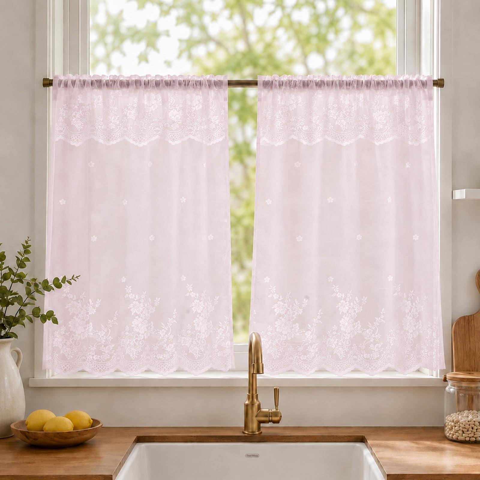 meioro Pink Lace Kitchen Short Curtains, 2PCS Floral Embroidered, W26xL36