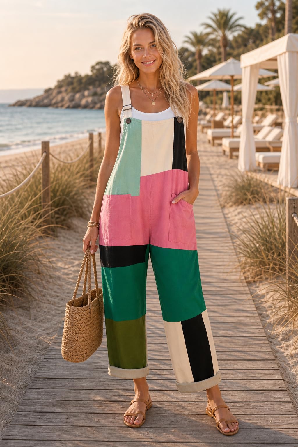 Generisch Damen Latzhose mit Druck Weite Bein SommerJumpsuit mit Tasche Lässiger Sommerhose Locker Overall Outdoorhose