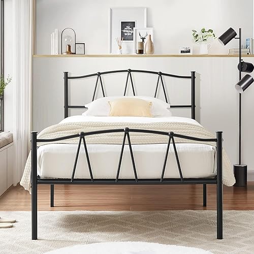 Miniatura 4 de VECELO Marco de cama de plataforma de metal completo con cabecera en forma de Mbase de colchónno necesita somier