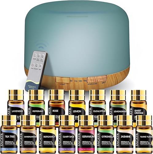SACATR Difusor de aceite esencial de 16.9 fl oz con 15 aceites esenciales, humidificador ultrasónico de niebla fría, control remoto, 4