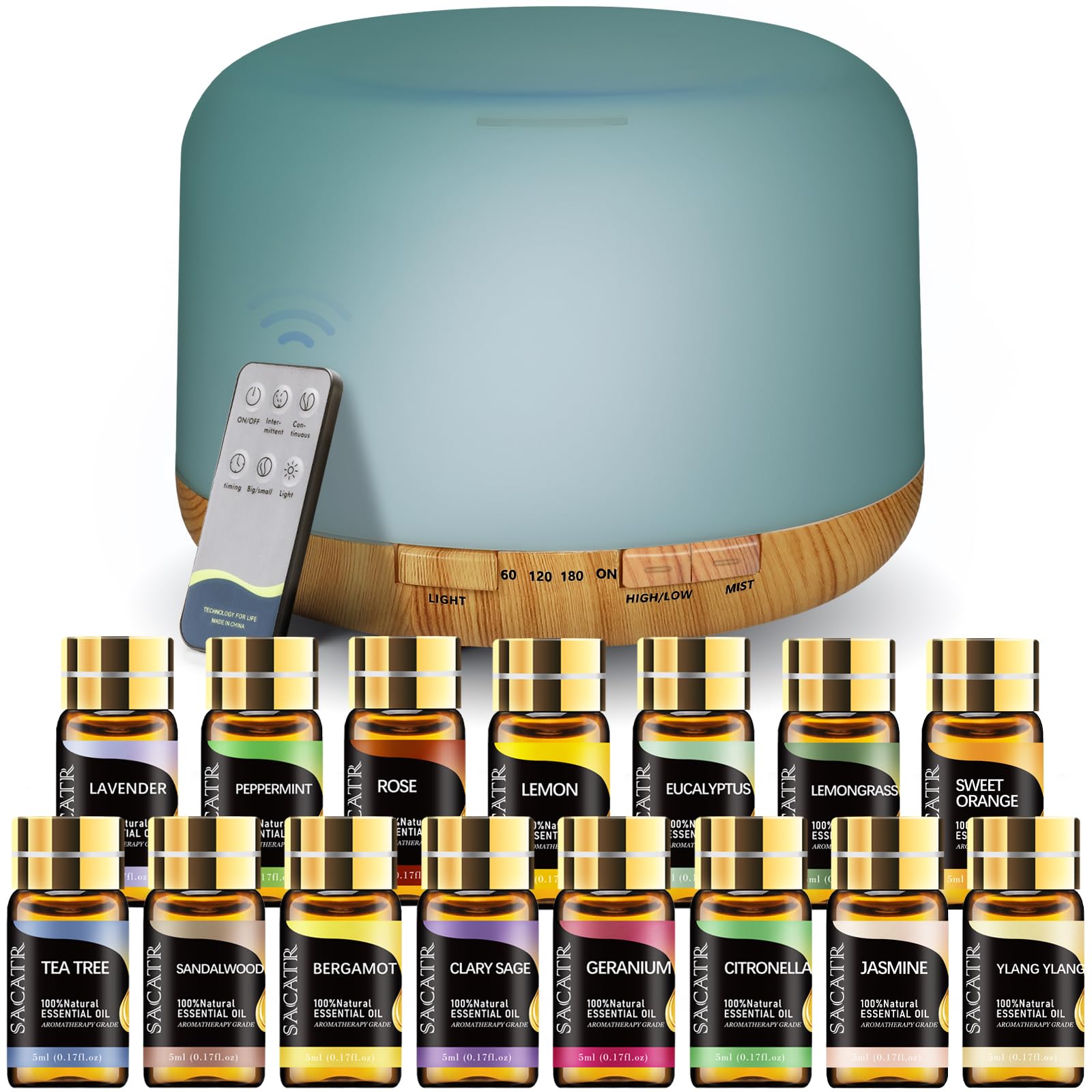 SACATR Essential Oil Diffusers for Home with 15 Oil Diffuser Sets, 500ml Aroma Diffuser for Essential Oils Large Room, Ultrasonic Cool Mist Diffuser Auto Shut-Off 4 Timers 15 Colors (15x5mL)
