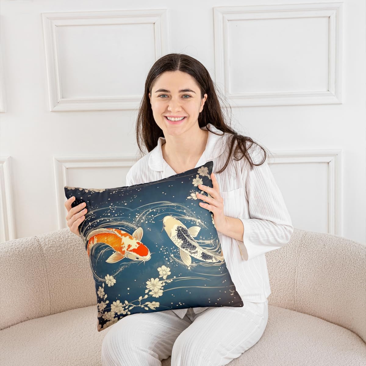 Feelyou Koi Fish Throw Pillow Covers 1 Pcs Flower Decorative Pillowcase Japanese Style Cushion Covers for Sofa Couch Bed Aesthetics Marine Animal Cushion Case Home Decor 24 x 24-Inch