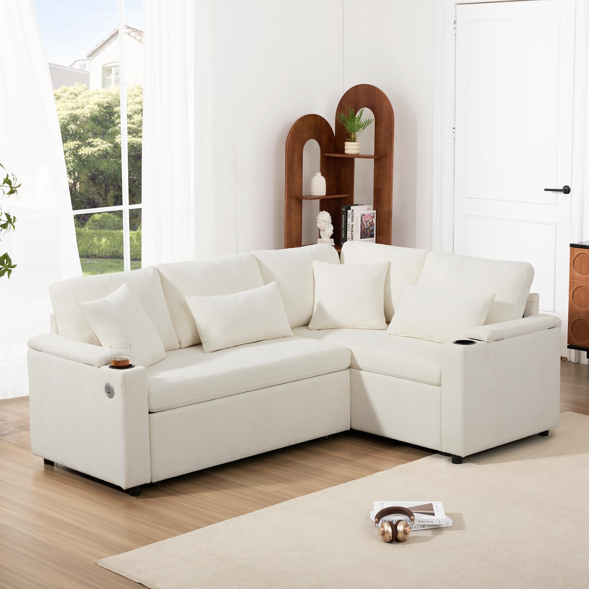 Bladez Divano letto a forma di L, divano ad angolo allungabile, velluto di ciniglia, chaise longue con vano portaoggetti, porta di ricarica, supporto per braccioli, per soggiorno (beige-A)