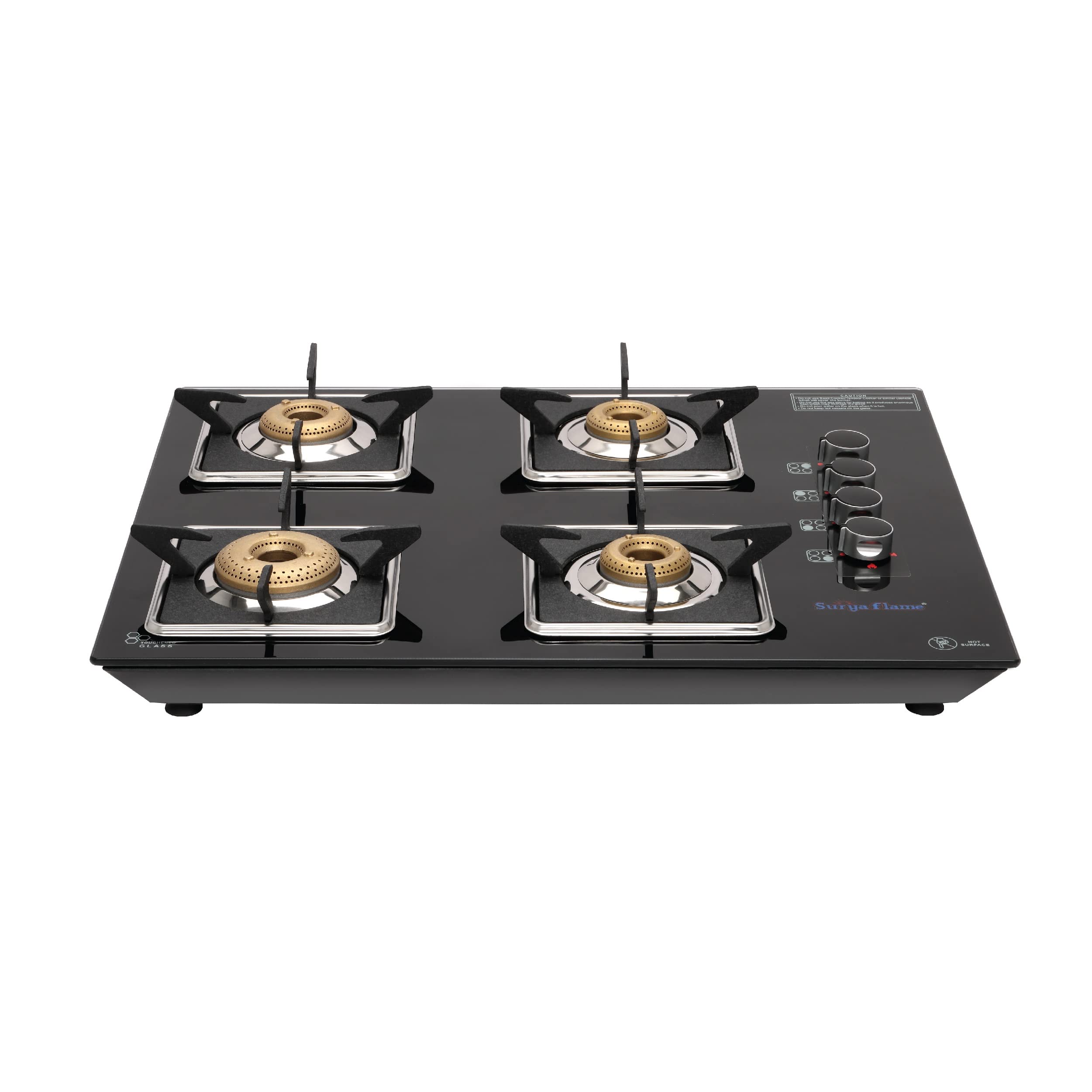 Surya Flame Apollo Square Hob Top | Gas Stove 4 Burners | Manual Glass Stove with Spill Proof Desing & Jumbo Burner | 2 Years Complete Doorstep Warranty - Black