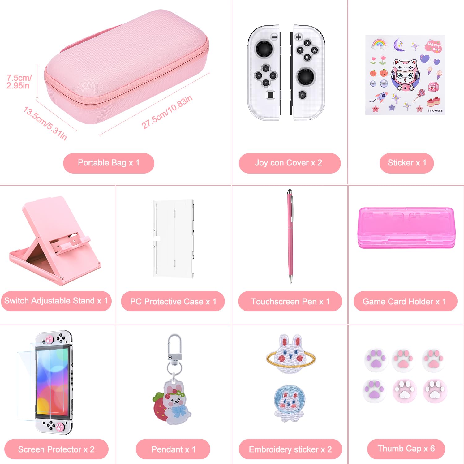 innoAura Switch OLED Case 19-in-1 Bundle for NS Switch OLED (2021), with Carrying Case, Screen Protector, Stand and Thumb Grips, Pink - Image 2