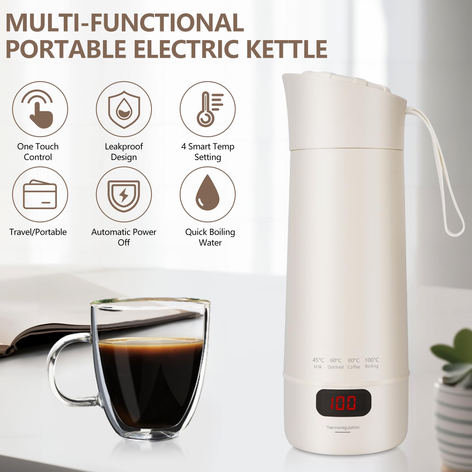 Piccolo bollitore portatile da 400 ml, mini tazza elettrica, scaldabagno rapido da 300 W, regolazione della temperatura, spegnimento automatico, bollitore da viaggio per preparare il tè