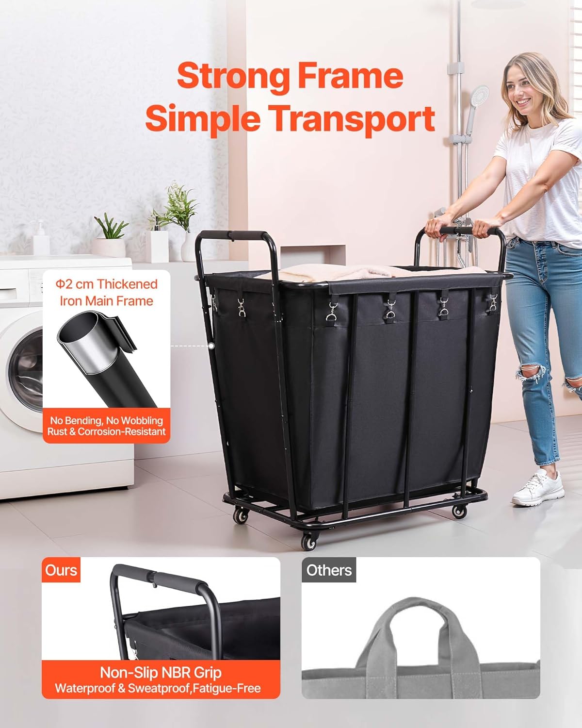 VEVOR Laundry Cart, Rolling Grocery Utility Cart with Waterproof Liner & Swivel Wheels, 260 LBS Large Load Capacity, Heavy Duty Shopping Basket for Laundry, Shopping, Camping, Grocery, Luggage, Black