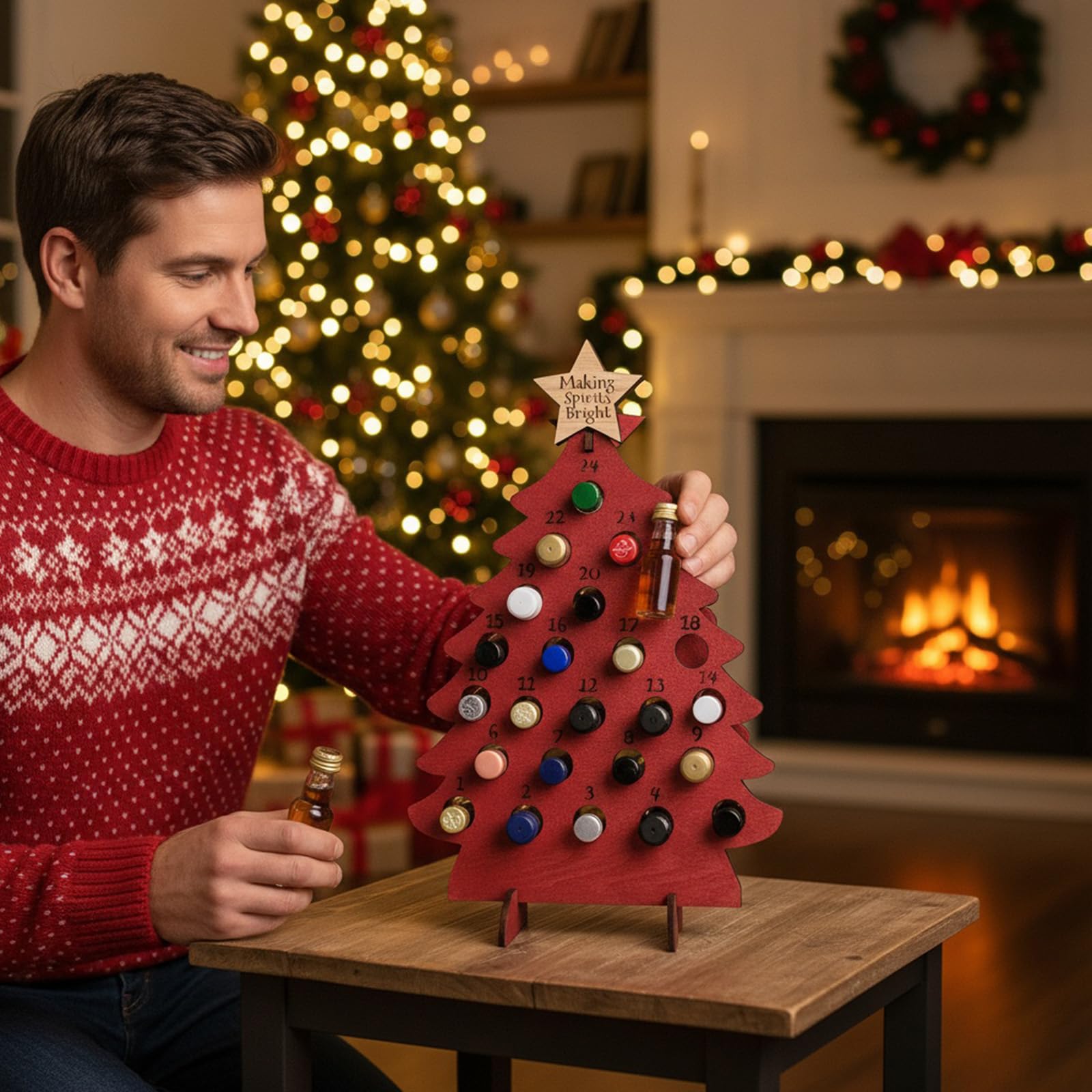Weihnachts Count Down Displaybaum aus Naturholz für 24 Flaschen unterschiedlicher Größe, Weihnachtsdekoration für Familienfeiern, Miniatur Alkoholflaschen Adventskalender