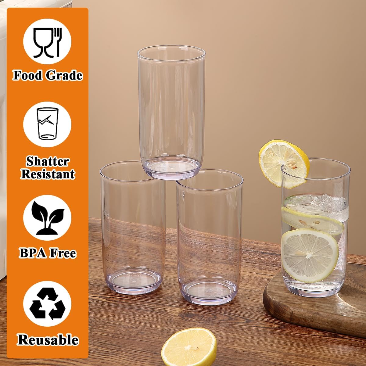 Berglander Highball Glasses Set 4pc, 14 oz Tall PET Clear Plastic Drinking Collins Glasses, Reusable Water Glass Cups, Bar Glassware Tumbler for Beverage, Beer, Juice, Milk, Mojito, Cold Drink