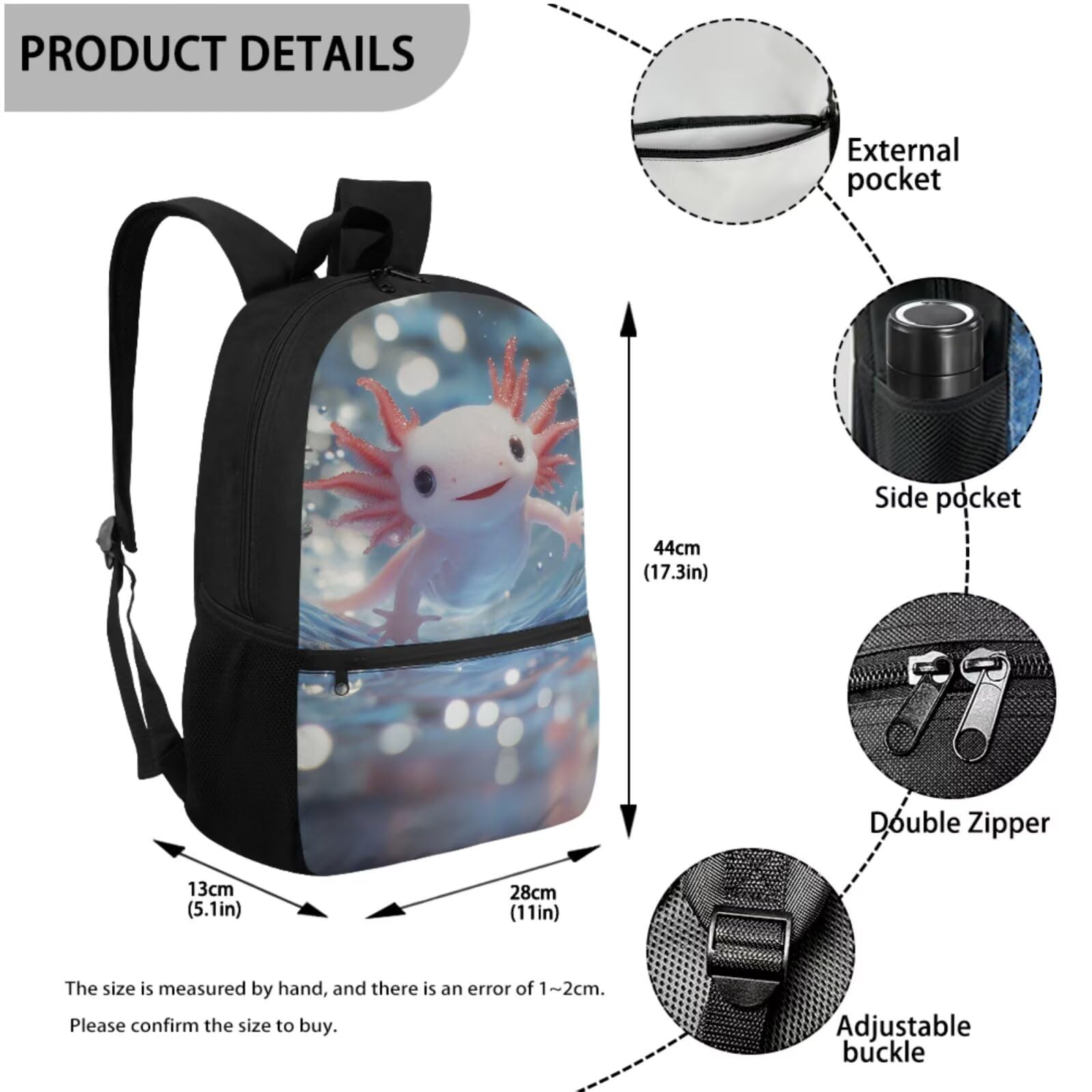 Kinder-Schultaschen, Rucksack, Lunchbox-Set mit Wasserflaschenhalter, Federmäppchen, 4-teiliges Set, Axolotl Wasserdruck, Einheitsgröße, Schulranzen-Set