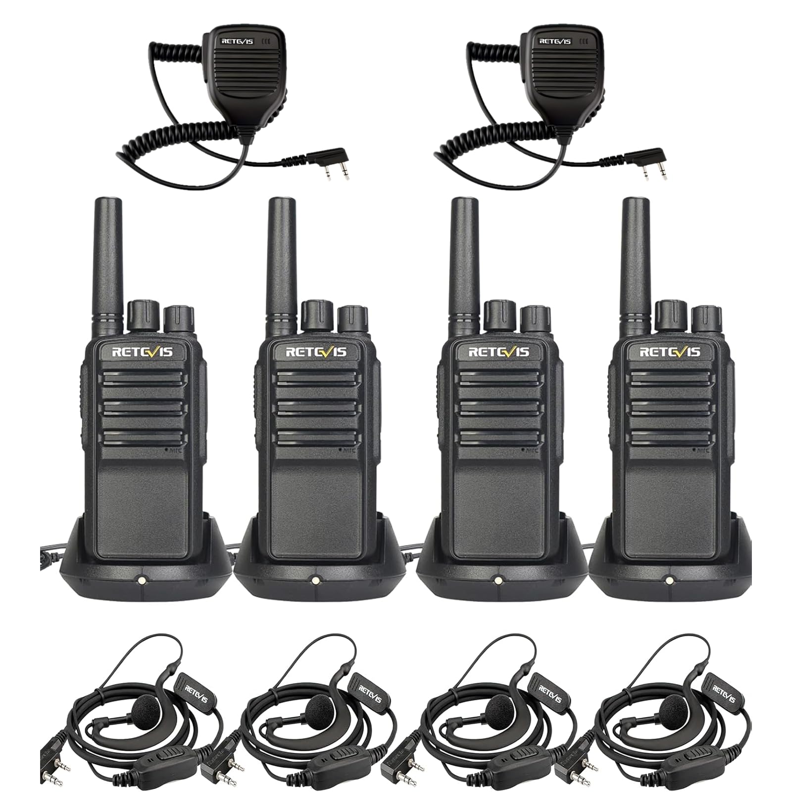 Retevis NR610 Walkie Talkie Bundle con Microfono Altoparlante 2 Pin, AI Cancellazione del Rumore, VOX con Auricolari, PMR446 1200mAh USB-C Professionali per Ristorante (4 Radios + 2 Microfoni)