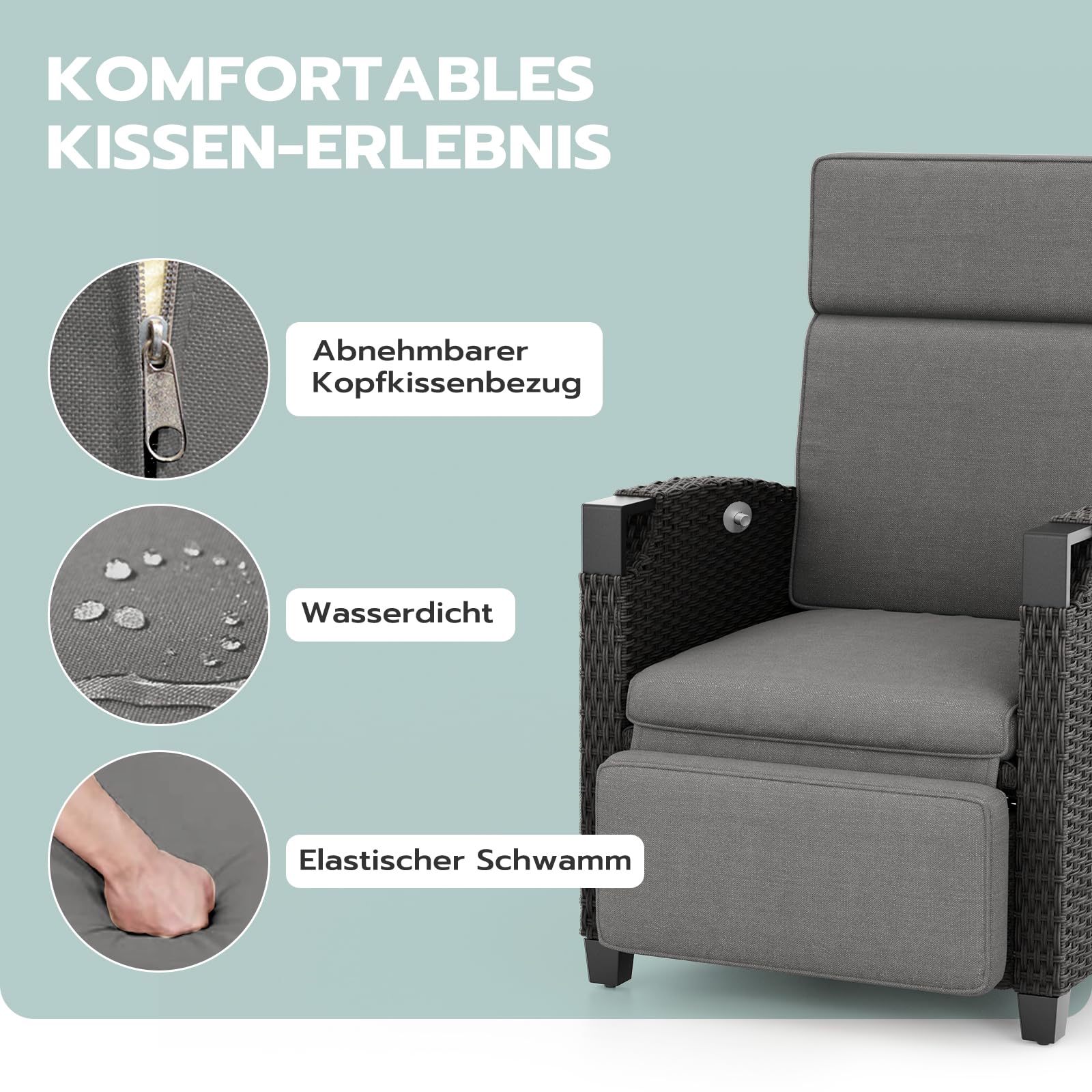 UDPATIO Liegesessel mit Sitzkissen Gartensessel Wetterfest 150° Verstellbare, Rückenlehne Rattan Sonnenliege mit Beistelltisch für Innen, Außeneinsatz- Grau Sitzkissen & Dunkelgrauer Rattan