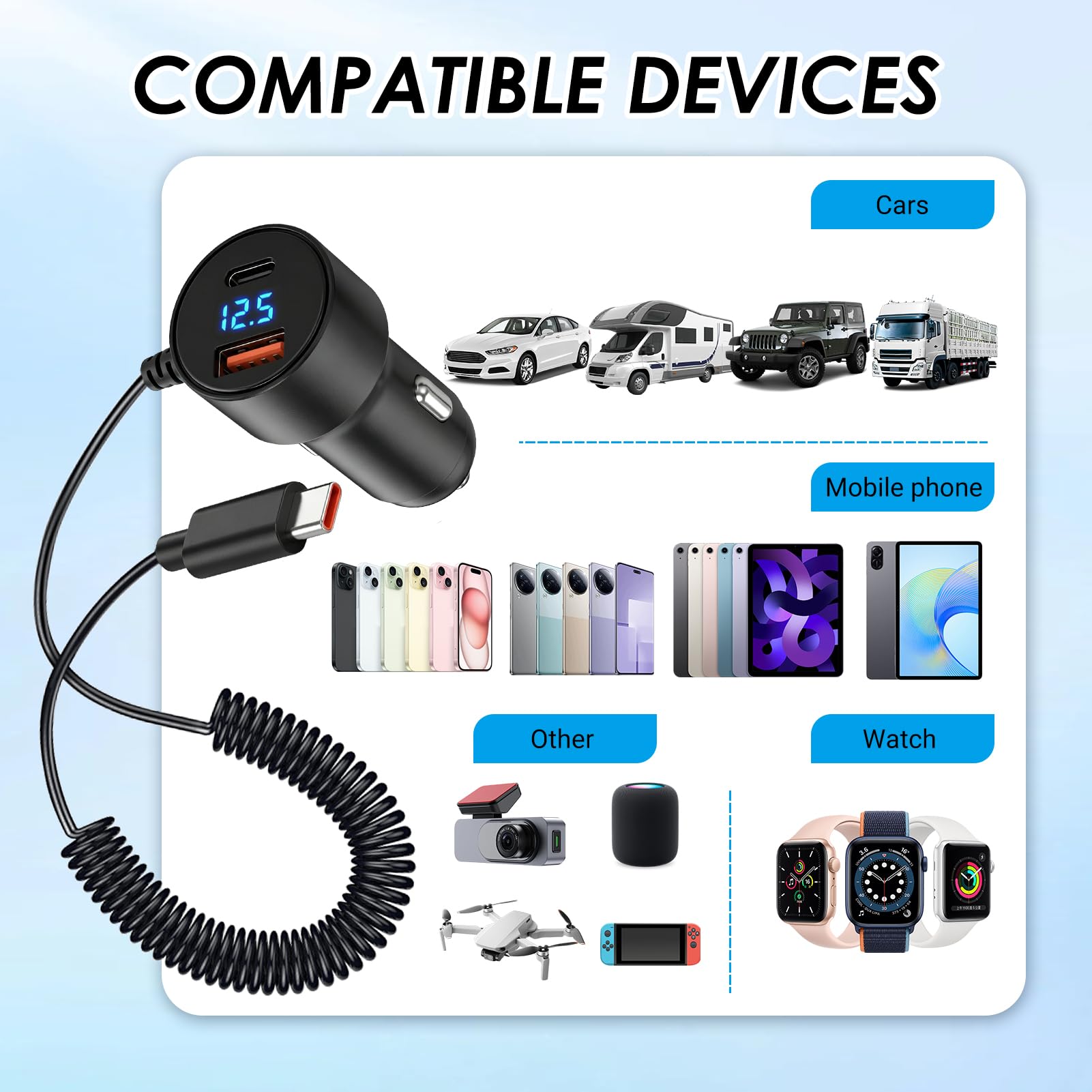 Caricatore per auto ricarica rapida 100 W con cavo USB C a spirale 1,5 m integrato, caricatore accendisigari auto con USB C PD e USB A QC3 0, caricatore auto USB C universale 12 V 24 V