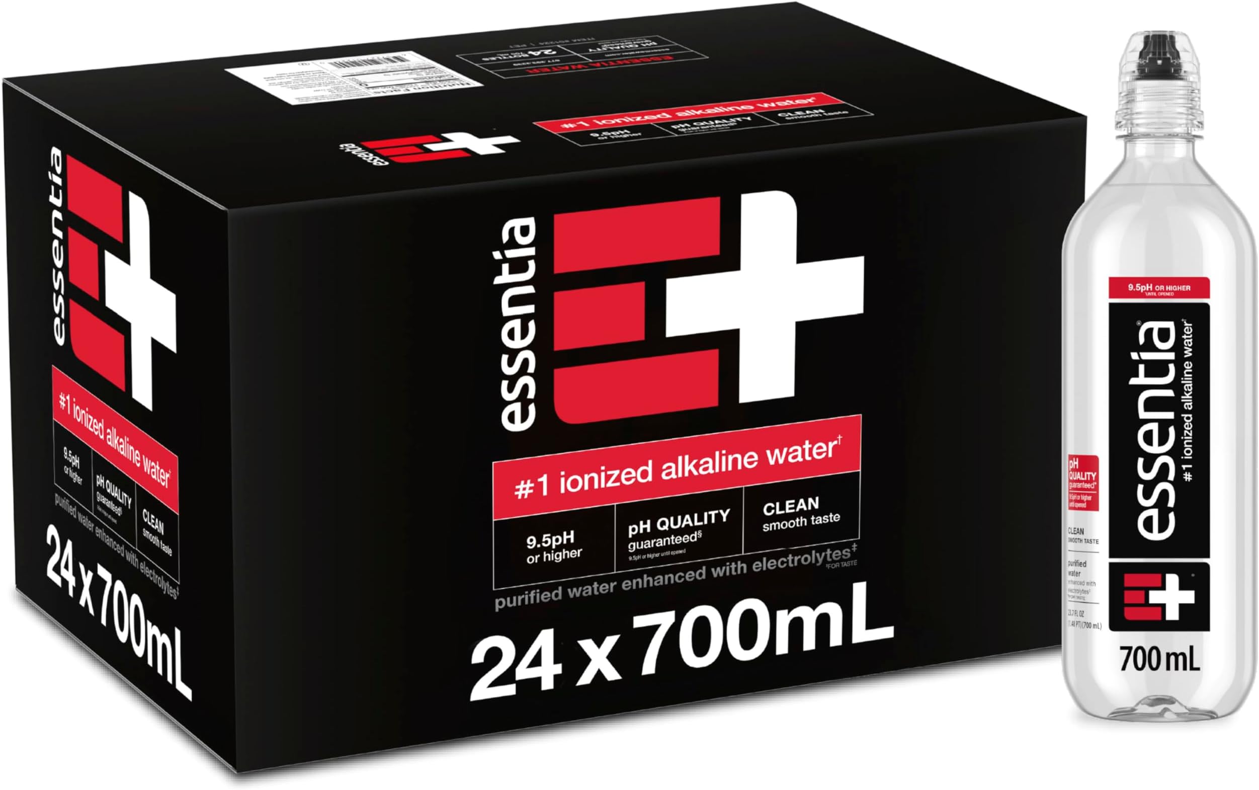 Essentia Water LLC Bottled 700 mL, 24-Pack, Ionized Alkaline Water; 99.9% Pure, Infused with Electrolytes, 9.5 pH or Higher with a Clean, Smooth Taste