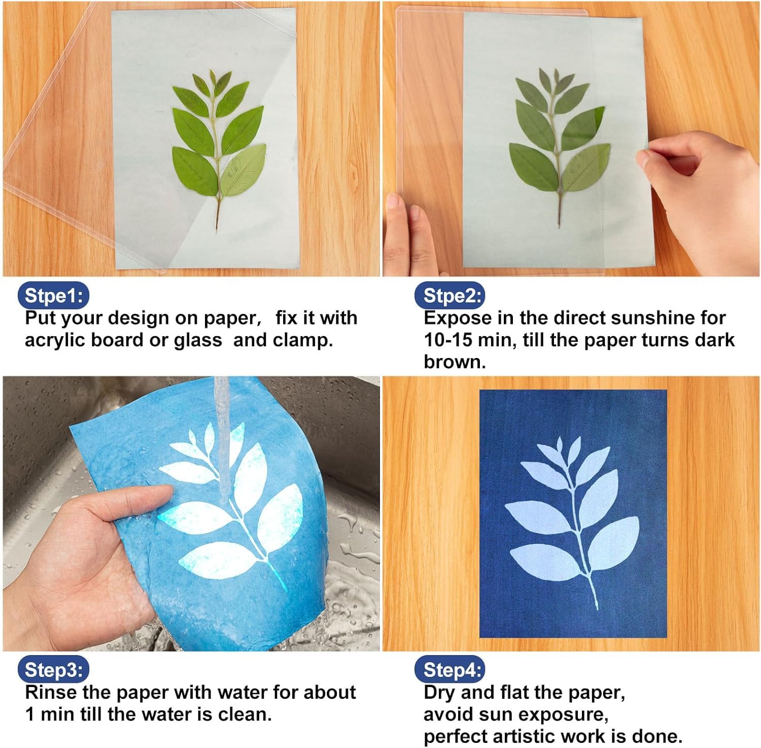 100 Sheet Sun Print Paper Kit, A5 Cyanotype Paper with 4 Sheet Acrylic Panel - Image 4