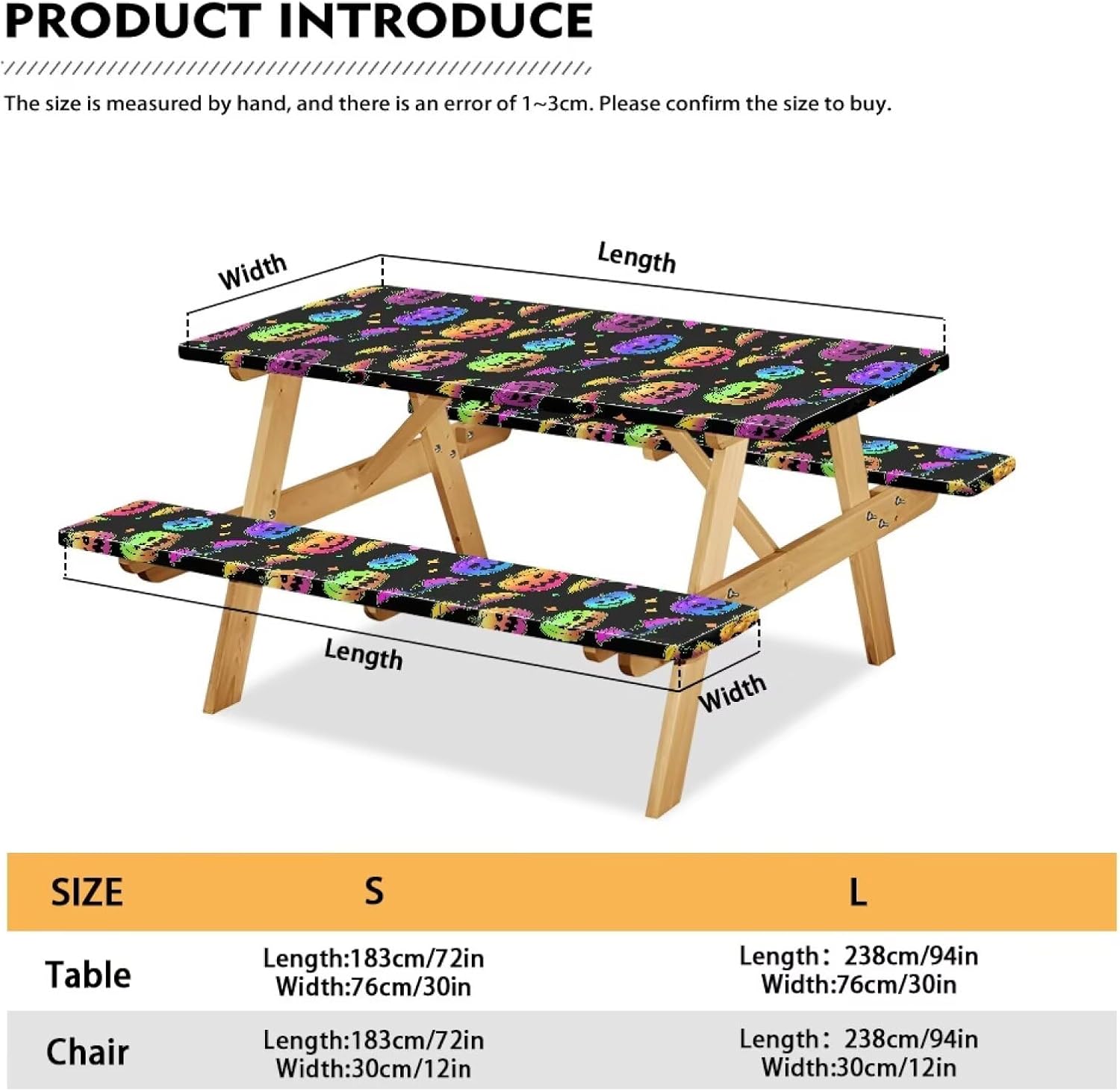 Pumpkin Picnic Table Cover with Bench Covers Windproof Halloween Decorations Camping Fitted Tablecloth for Outdoor 8 Foot 3 Pcs Set