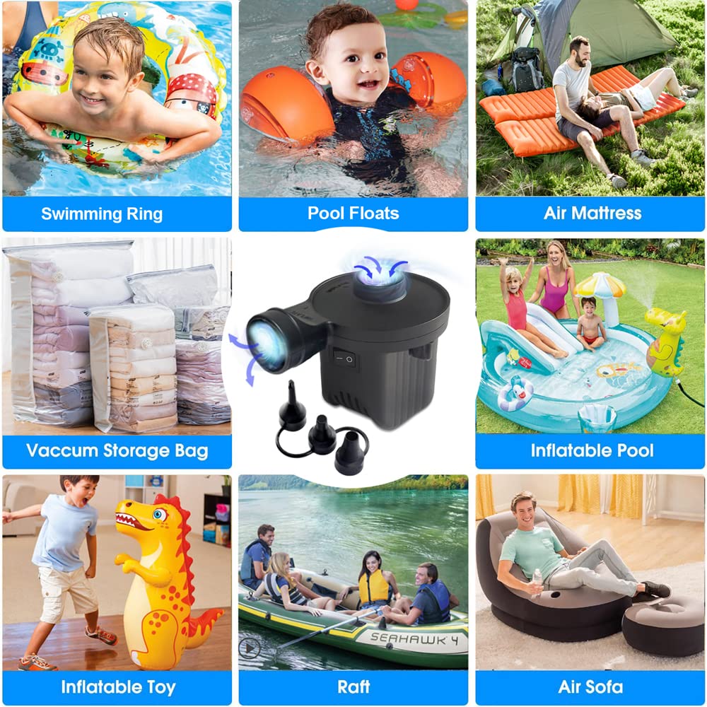 Electric Air Pump, Portable Quick-Fill Air Mattress Pumps for Inflatable Cushions with 3 Nozzles, 110V AC/12V DC Inflator/Deflator for Outdoor Camping, Air Sofa, Boats, Pool Toys, Airbed
